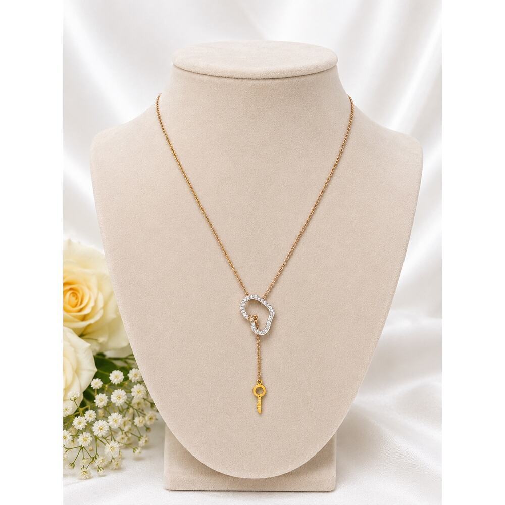 Gold Key Pendant Necklace Crystal Open Circle Minimalist Women Jewelry - Picture 1 of 6